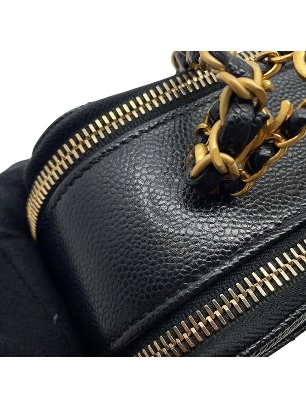 Chanel Chain Shoulder Bag CC Logo Quilted Vanity Top Handle Caviar Leather Black
